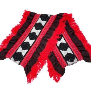 Women's Textured Woven Rectangle Scarf in Red and Black Geometric with Fringe